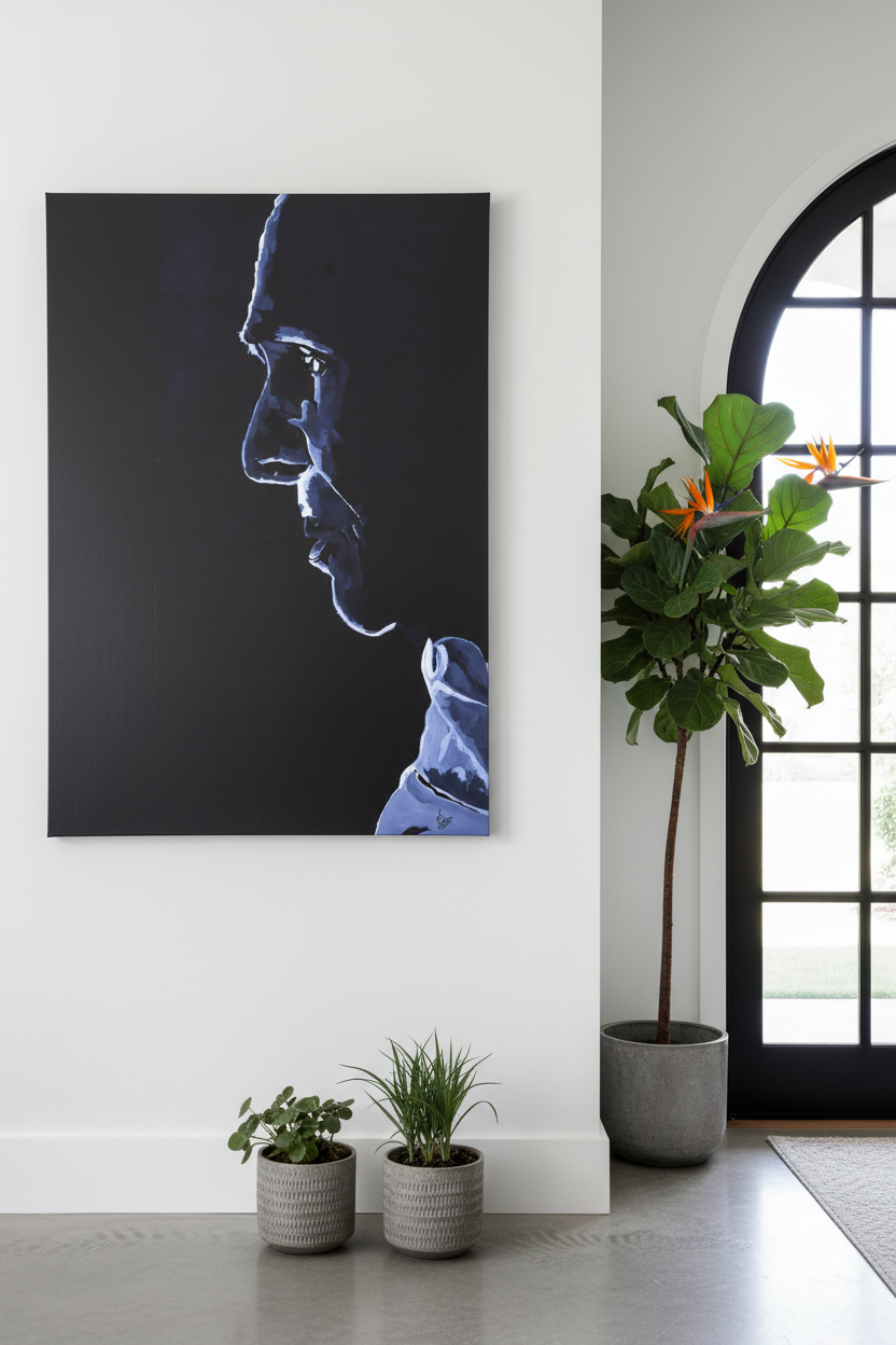 Portrait view of entryway with original artwork