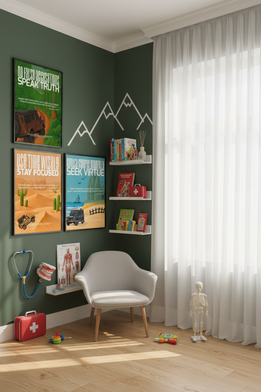 Proportionate room with smaller posters and snowy mountain wall stickers