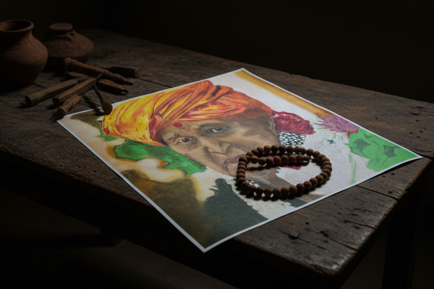 Rangoli borderless poster on old table with traditional elements