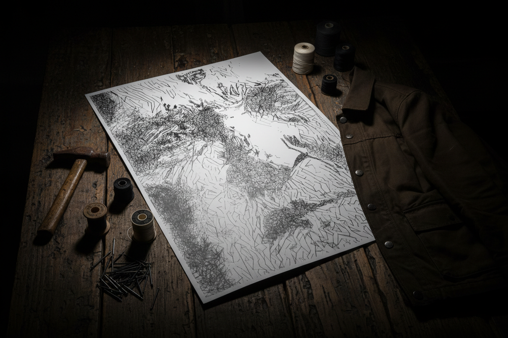 String art poster with rustic tools and materials