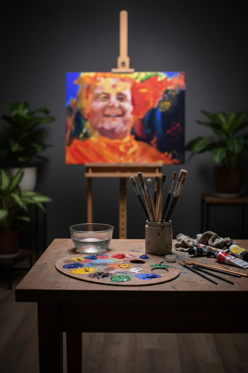 Studio with blurred 36x48 inch canvas, focus on table