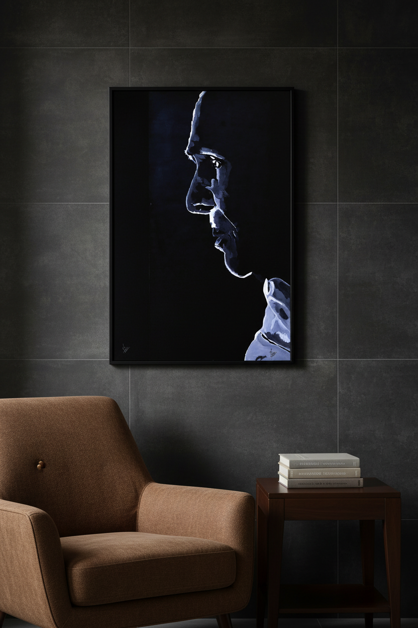 Thin black framed poster on dark tiles with brown chair and side table