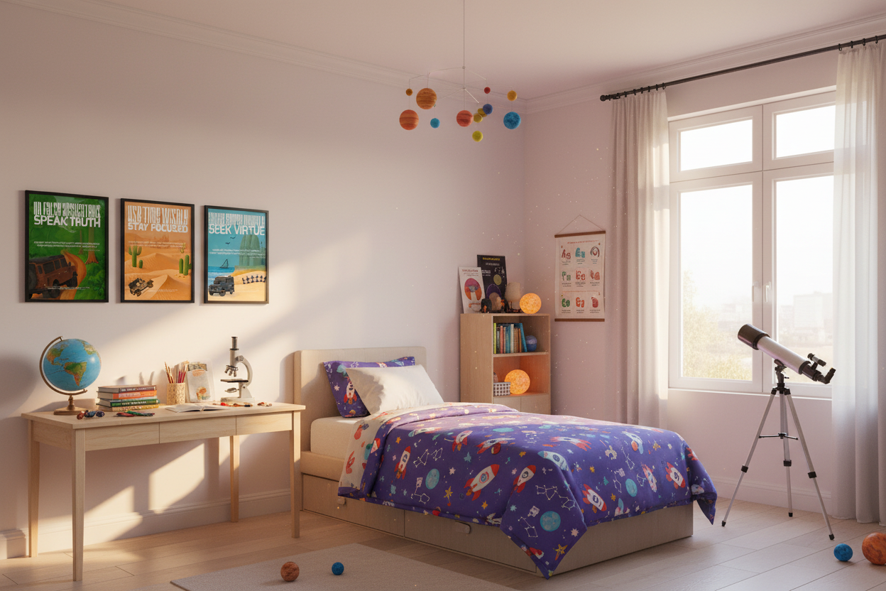 Three smaller posters in black frames in science-themed kids room