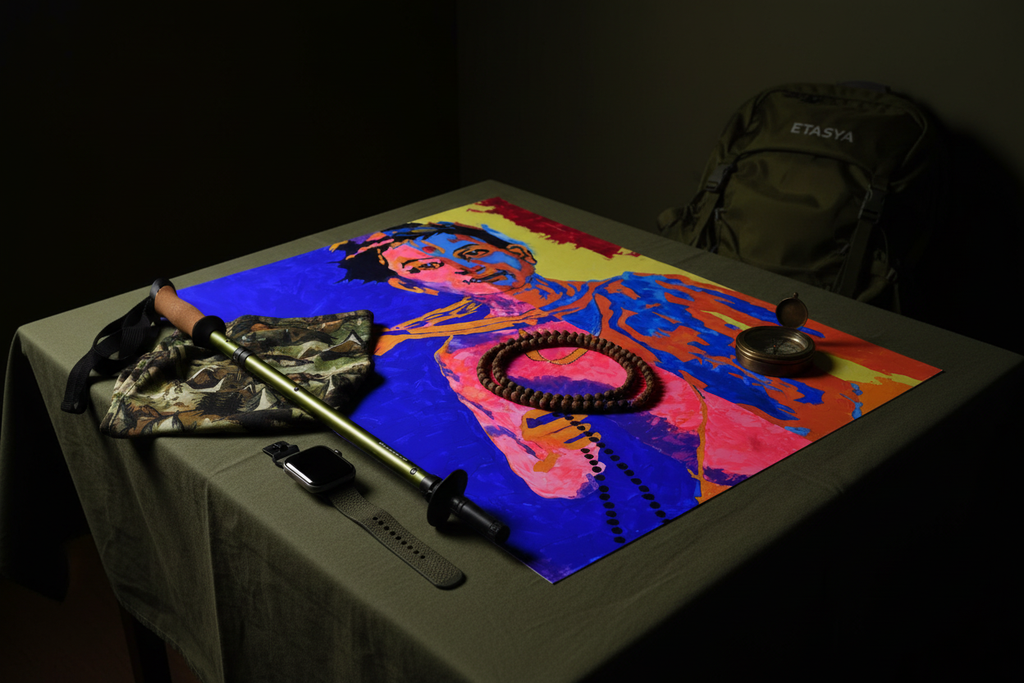 Updated poster with 108-bead mala and hiking gear