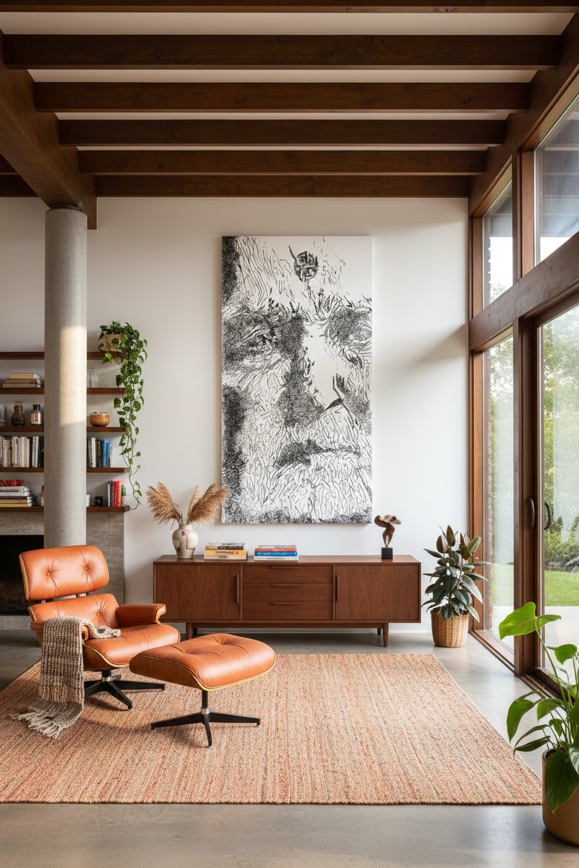 Your sketch art as 30x60 canvas in mid-century modern interior